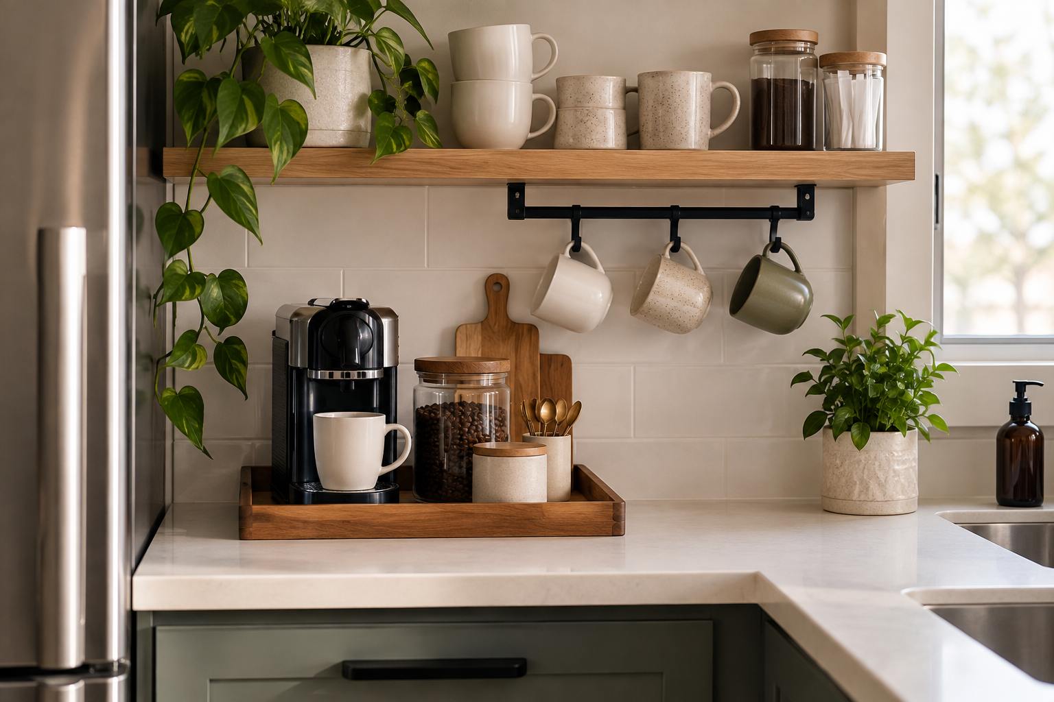 Small coffee station organized in a tiny modern kitchen