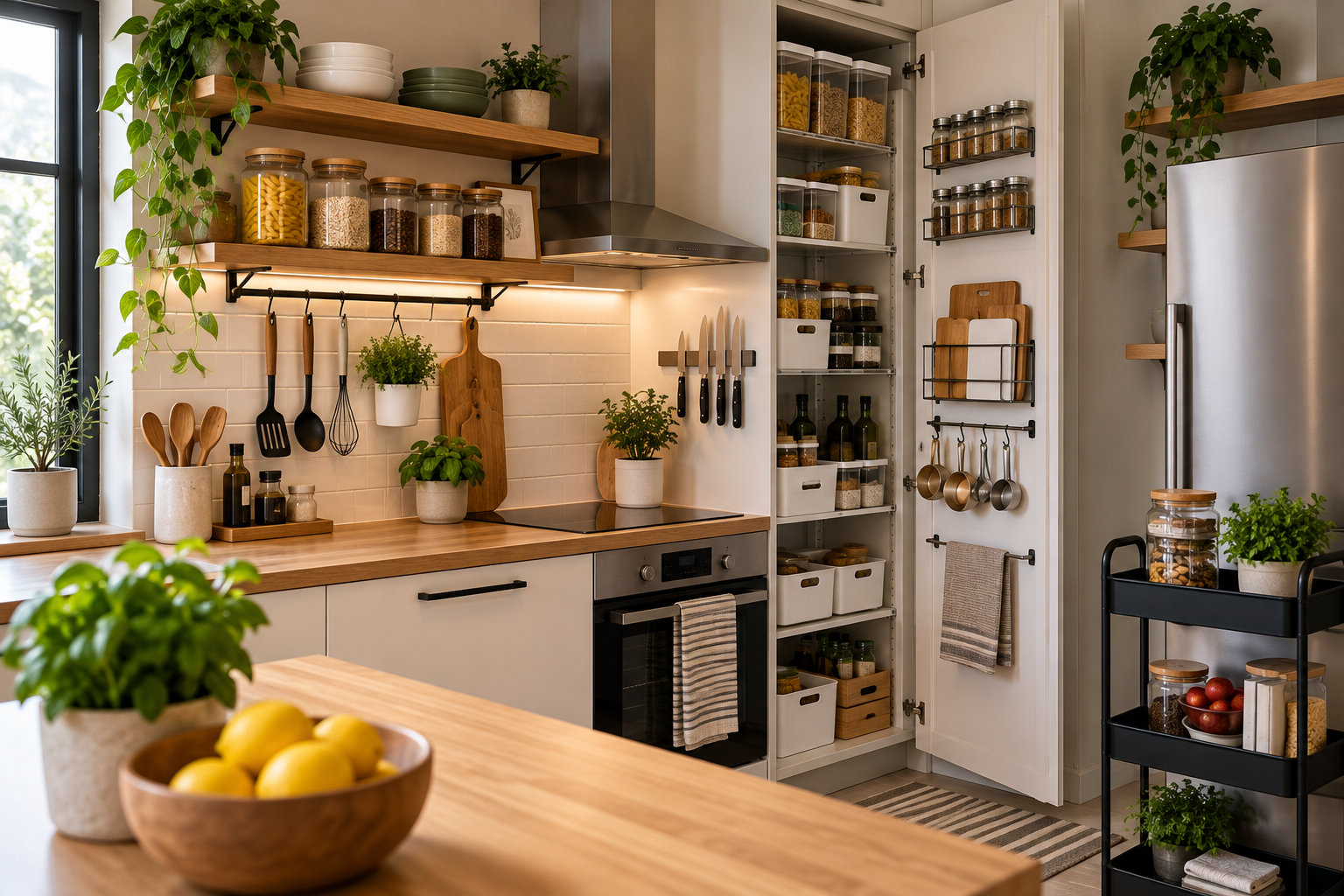 Organized small kitchen with space-saving shelves, storage and clear countertops
