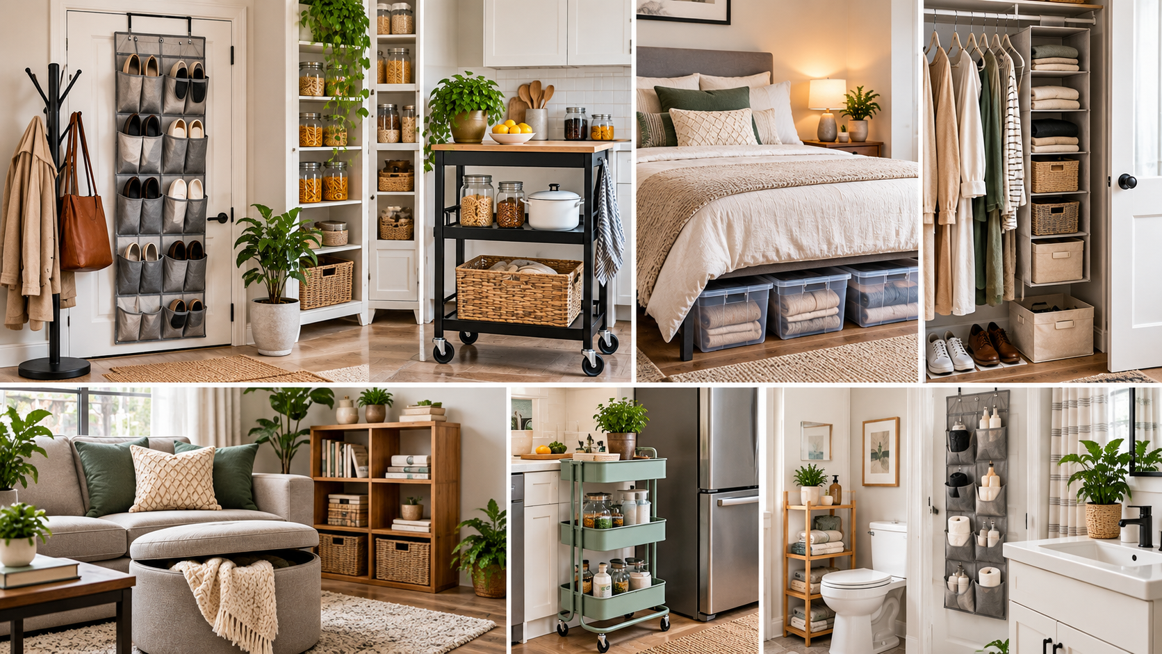 Renter-friendly storage ideas including over-the-door organizers, rolling carts, under-bed bins and freestanding storage