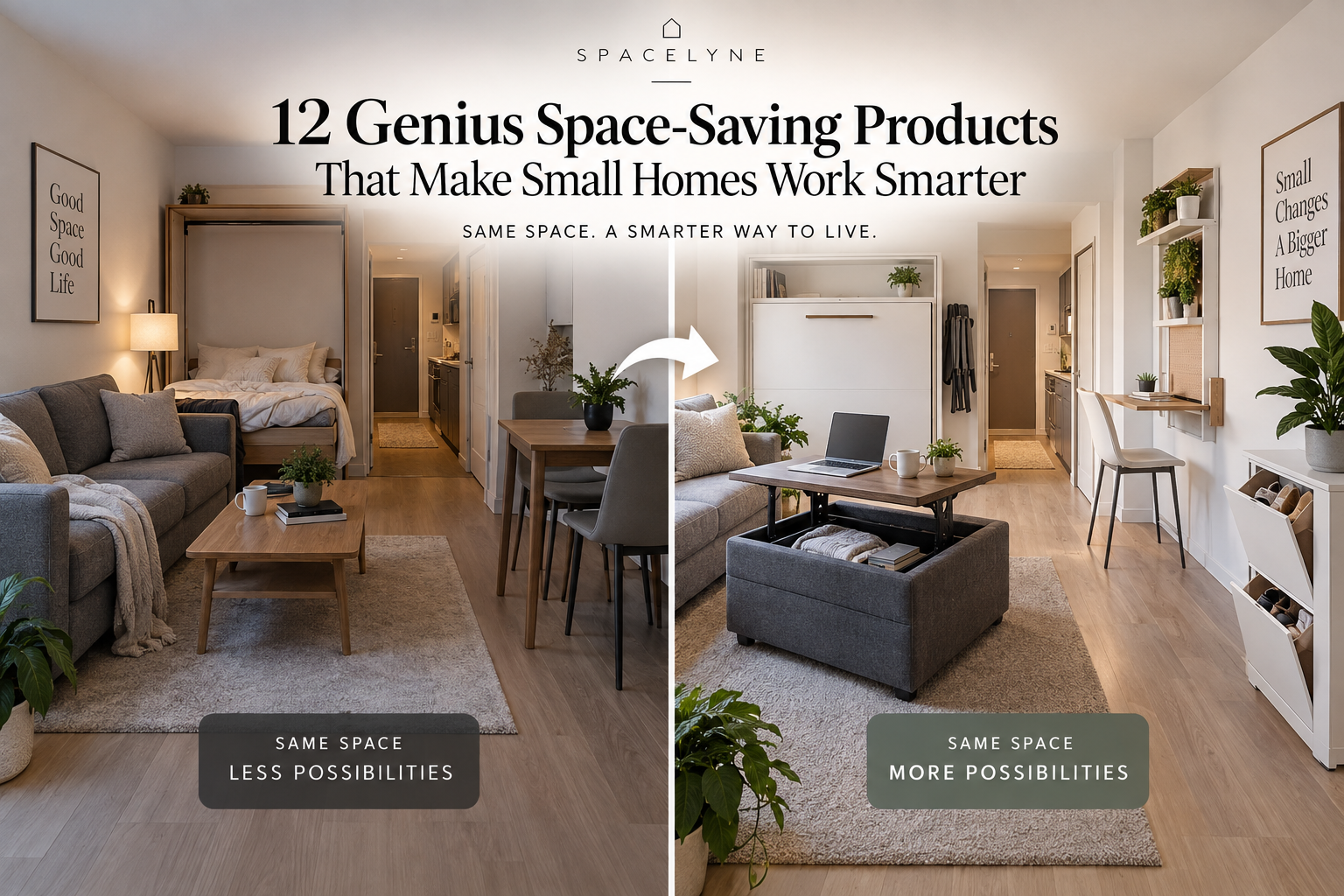 Space-saving furniture transforming a small apartment to reclaim floor space